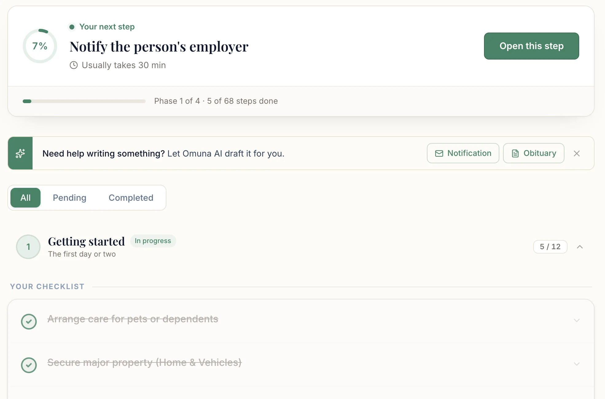 A family's Omuna checklist: the next step card reads 'Notify the person's employer', and the first five tasks of the Getting started phase are ticked off.